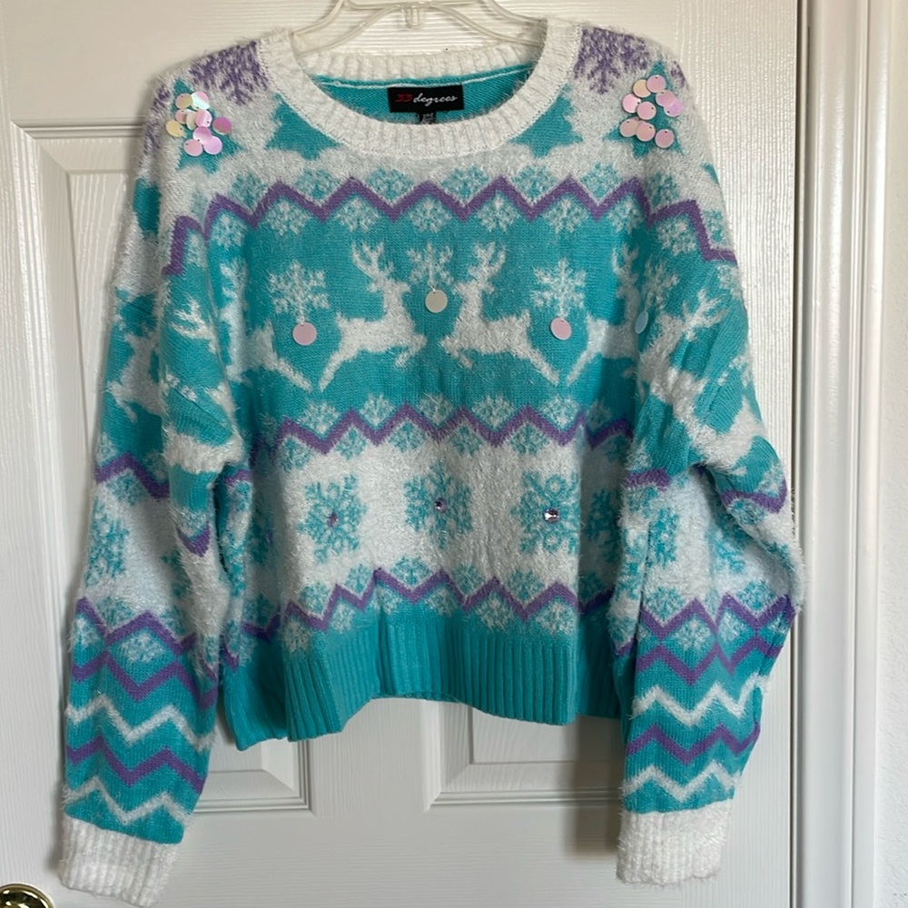 New. Women's Reindeer Graphic Holiday Sweater - Blue and White Size XXL and 2X